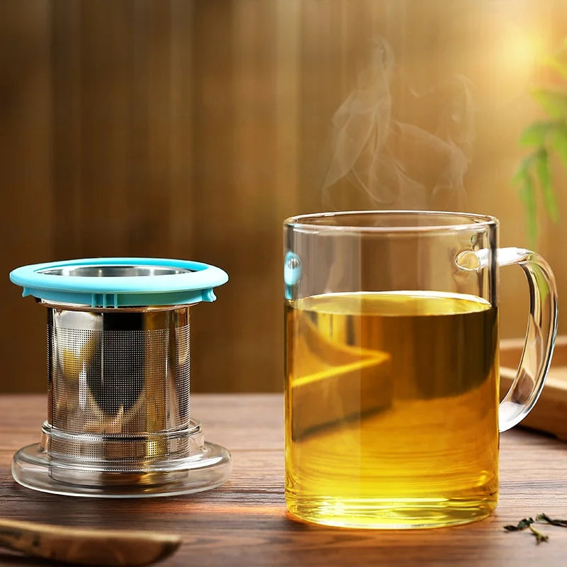 Custom Gift Transparent 400ML Handmade High Borosilicate Glass Coffee Mug Tea Cup Set with Stainless Steel Tea Strainer