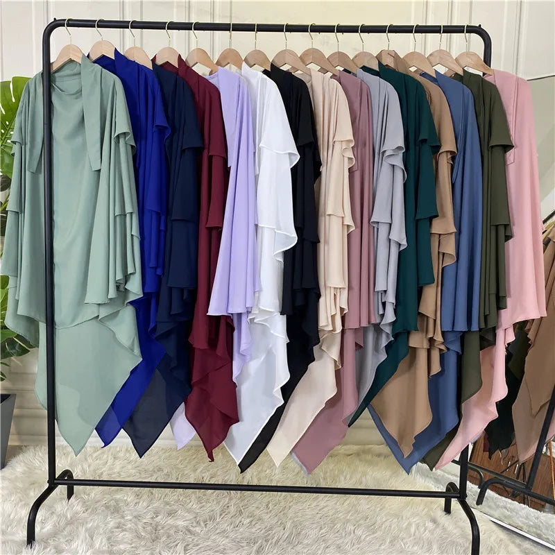 2023 Hijab Khimar New Design Well Made Factory Direct Three Layer Overhead Chiffon Hijab for Muslim Women