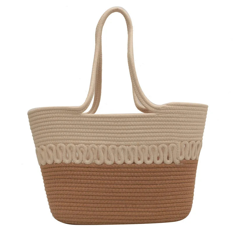 2024 Wholesale Fashion Summer Beach Straw Tote Bag Women's Natural Cotton Rope Organizer Storage Zipper Organic Cotton Rope Bag