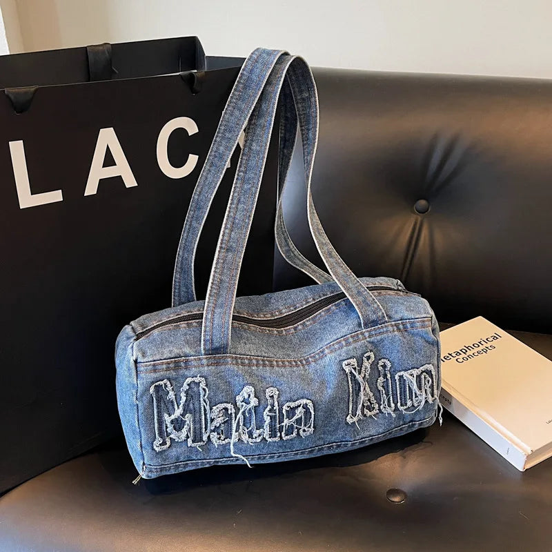 Denim Letter Embroidered Women's Underarm Bags Large Capacity Ladies Tote Shoulder Bag Work Female Pillow Handbags