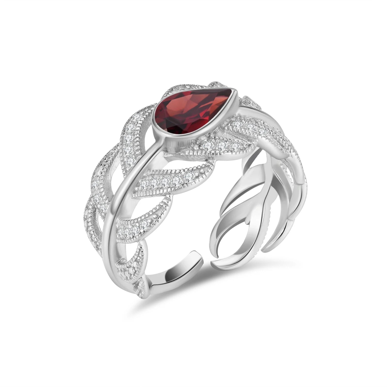 YBO Factory Price 925 Sterling Silver Fashion Jewelry Red Garnet Feather Ring with Pear Cut Diamond for Weddings
