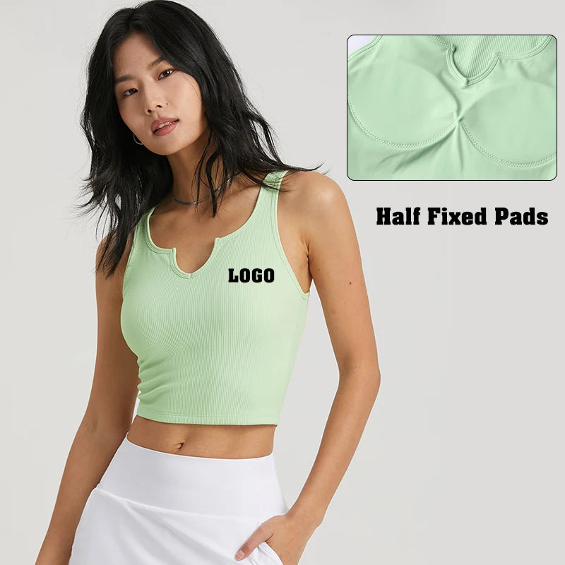 New Arrival Women's Sports Tank Top Ribbed V-Neck Workout Fitness Gym Vest Half Fixed Pads Printed Running Breathable Sportswear
