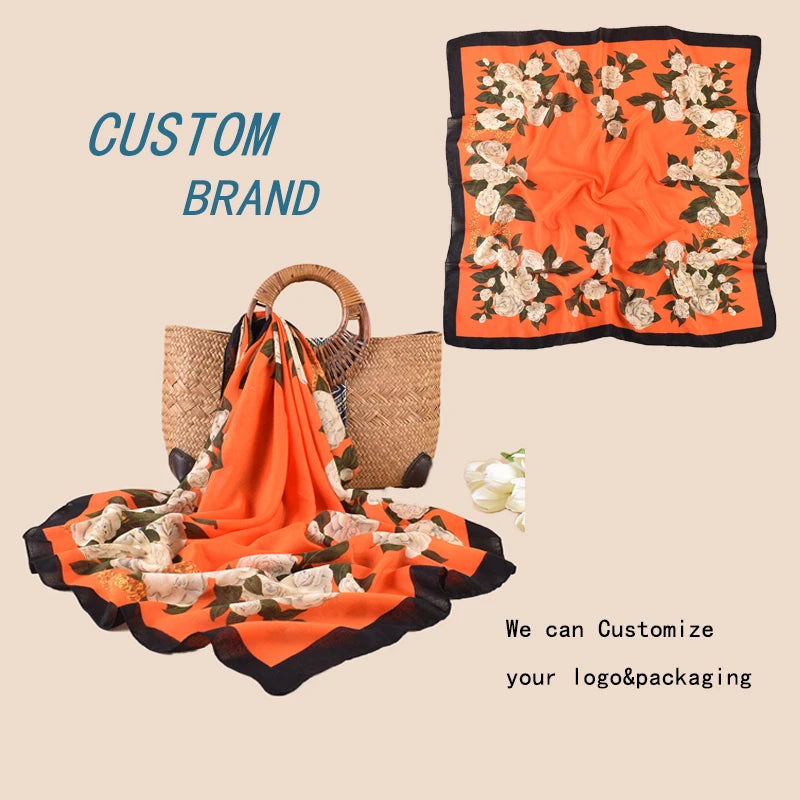 Qianlv Polyester Scarfs 90cm Imitation Cotton Linen Hand Feel Breathable Square Scarf Women's Turban Headscarf Camellia Print