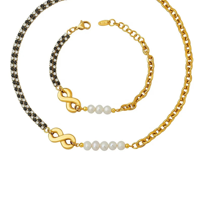 Newest Design Fashion Jewelry Set Stainless Steel Gold Zircon Freshwater Pearl Splice Chain Women Luxury Necklace Bracelet