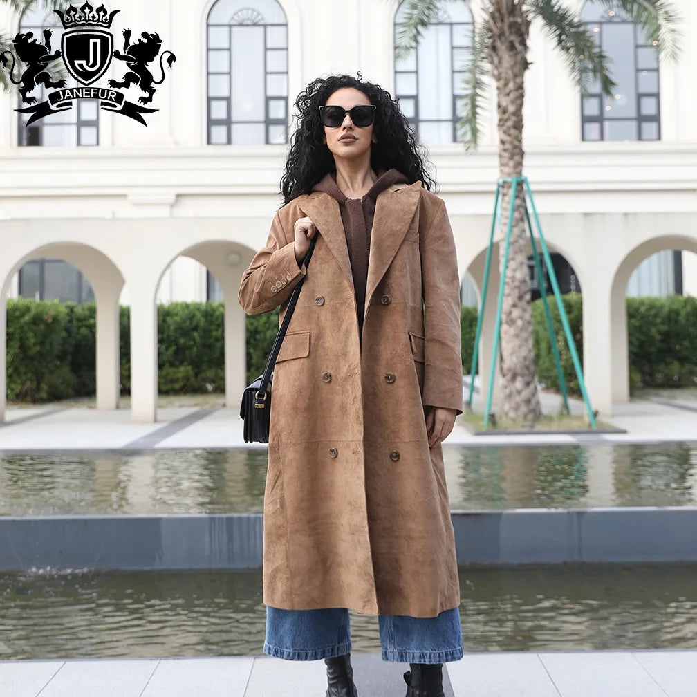 Janefur Women Notched Lapel Double Breasted Real Leather Long Style Trench Coat Ladies Vintage Leather Coat