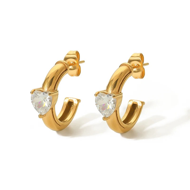 Popular Stainless Steel 18K Real Gold Plated White Heart Cubic Zircon CC Hoop Earrings for Girls