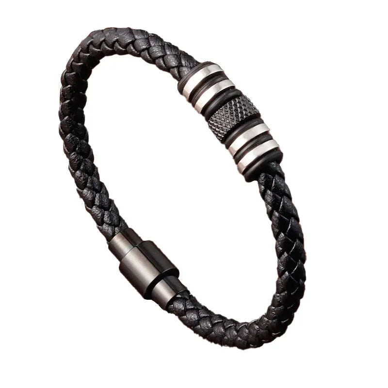 Fashion Jewelry Bracelets Stainless Steel Rope Braided Men Genuine Leather Custom Bracelets logo Gift for Father