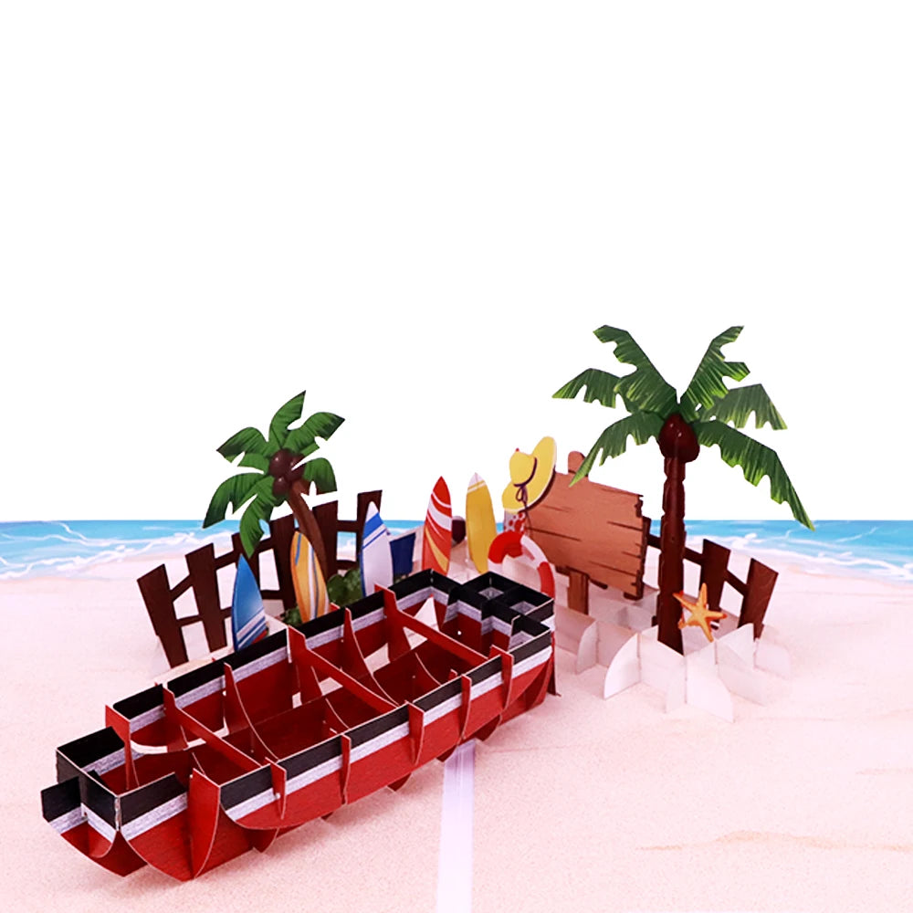 Winpsheng Custom Beach Boat 3D Pop up Birthday Card with Letters Design Paper Material Laser Cut Finish