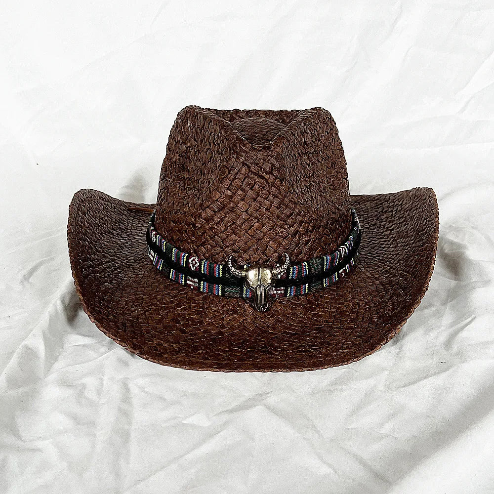 Ethnic Wind Bull logo Male Sun Visor Roll Brim Handmade Straw Cowboy Hat Beach Cowboy Hats Paper