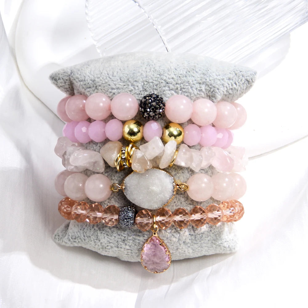 New Fashion Bohemian Stacked Style Women's Jewelry 12mm Natural Stone Chip Stone Glass Bead Elastic Bracelet 5pcs Set
