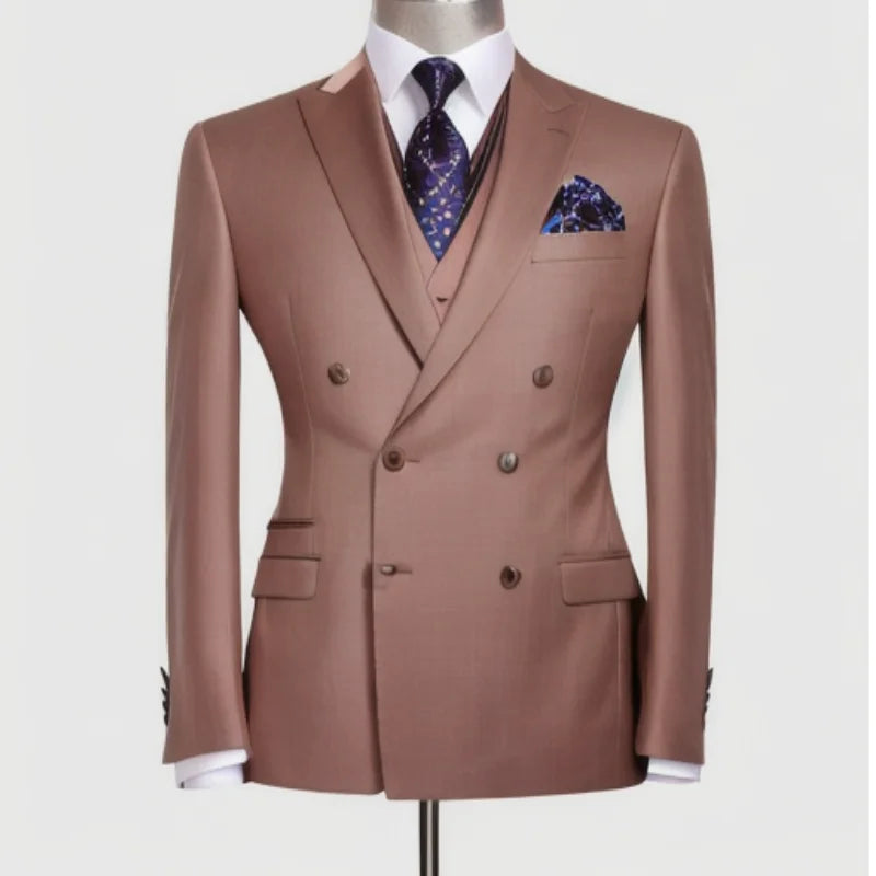 Brown Double Breasted Classic Men's Suits 3 Pieces Set Wedding Groom Tuxedo Winter Autumn Business Wear Prom Party Male Suit