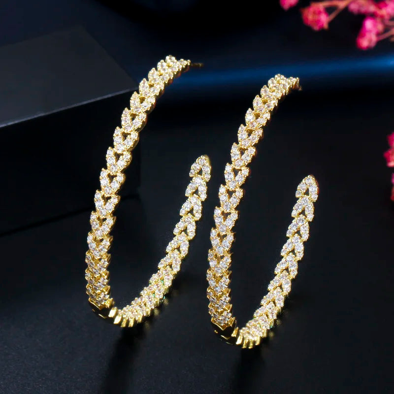 Hot Selling Hip-hop Exaggerated Big Full Cubic Zircon Retro 18k Gold Plated C Shape Hoop Earrings Fine Jewelry for Women Party