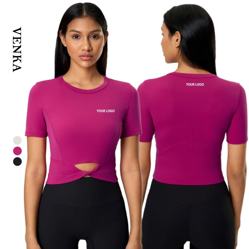Wholesale Custom Logo Women's Cround Neck Fitness Wear Clothing Top Sports Workout Crop Top Women Gym Yoga T-Shirts Short Sleeve