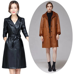 Womens PU Leather Trench Coats Black Oversized Mid Length Jacket Sherpa Lined Overcoat Elegant Clothes Long Coat