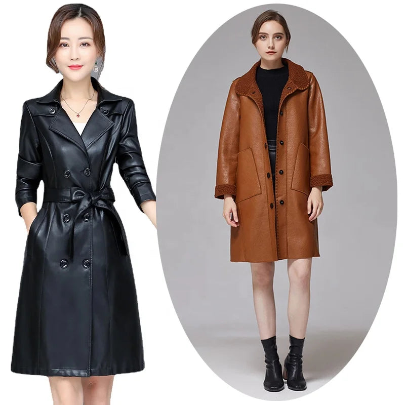 Womens PU Leather Trench Coats Black Oversized Mid Length Jacket Sherpa Lined Overcoat Elegant Clothes Long Coat