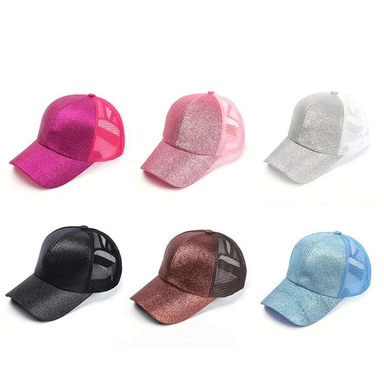 Summer Sequins Horsetail Cap Outdoor Breathable Mesh Hat Fashion Printing Logo Ponytail Baseball Cap
