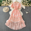 Women Summer Tie Waist Bubble Sleeve French Pink Sweetheart Lace Embroidery V-Neck Dresses