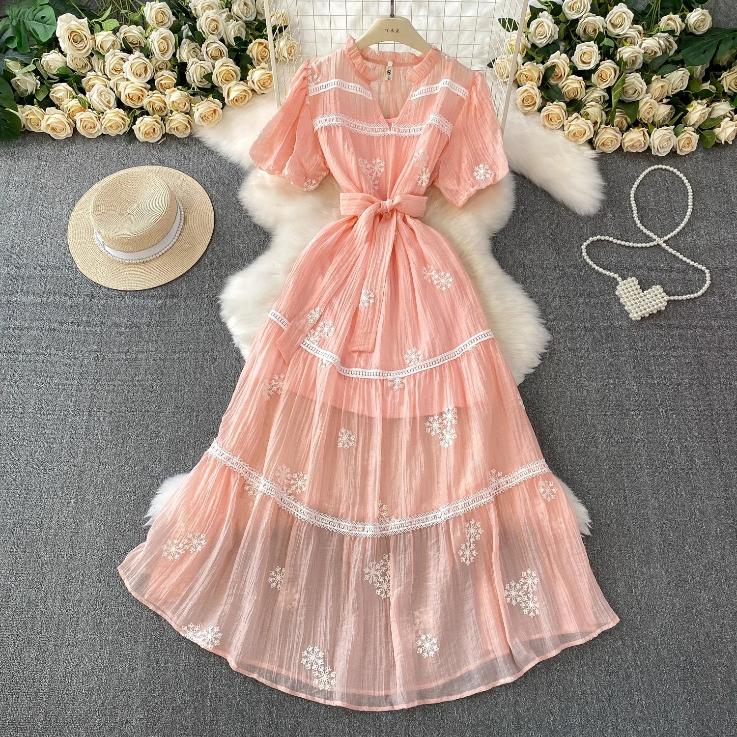 Women Summer Tie Waist Bubble Sleeve French Pink Sweetheart Lace Embroidery V-Neck Dresses