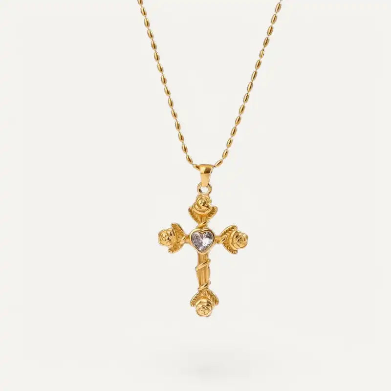2025 Dainty Waterproof Stainless Steel Necklace 18k Gold Plated Zircon Cross Necklace Gold Rose Flower Necklace for Women