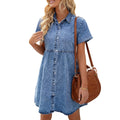 European Style Washed Denim Short Sleeve Ruffle Dress