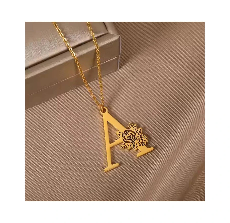 Initial Alphabet Letter Pendant Necklace Stainless Steel Rose Flower A-Z Letter Necklaces for Women Jewelry