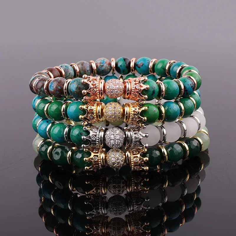 New Fashion Jewelry Natural Stone CZ Pave Crown Charms Real Gold Plating Beaded Elastic Bracelet Women