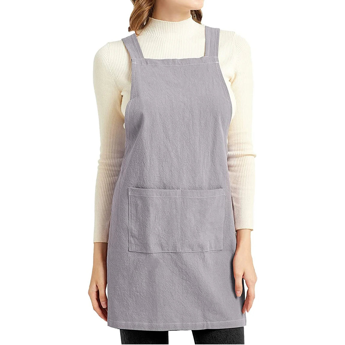 JIAHE Aprons for Women with Pockets Plus Size Comfort Cross Back No Tie Cotton Linen Apron Kit Bib