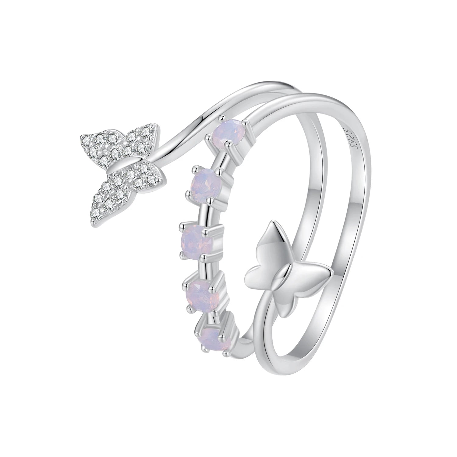 925 Sterling Silver Dancing Butterfly Opening Ring Fantasy Opal Adjustable Ring for Women Pave Setting CZ Fine Jewelry BSR467