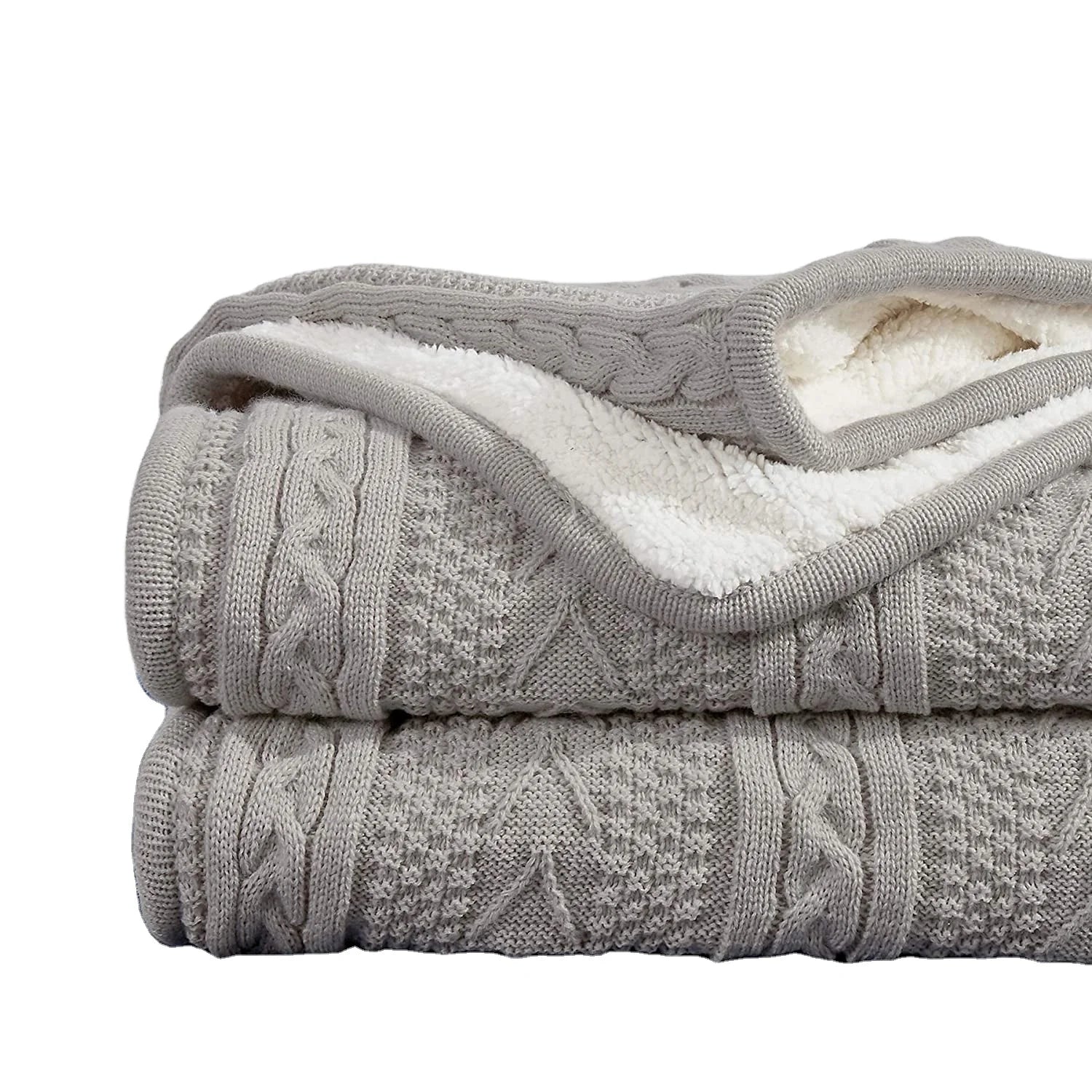 PLHAN Cozy Reversible Knitted Cable Knit Sherpa Throw Blanket Faux Sheepskin Lined Solid Pattern Winter Eco-Friendly Custom