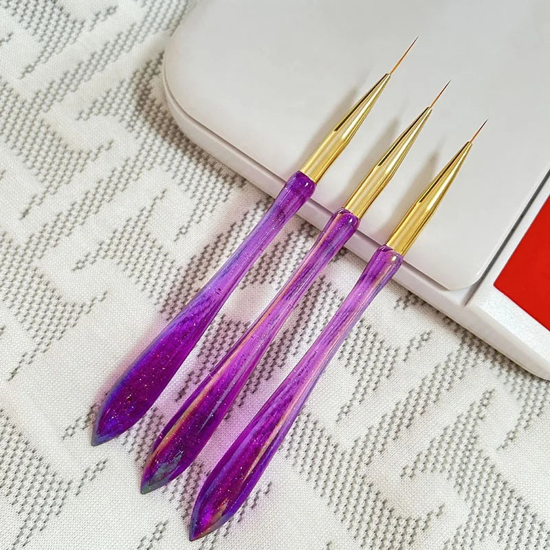 New 3 Pcs Purple Handle With Glitter Nail Art Liner Brush UV Gel Brush Nail Painting Drawing French Liner Pen