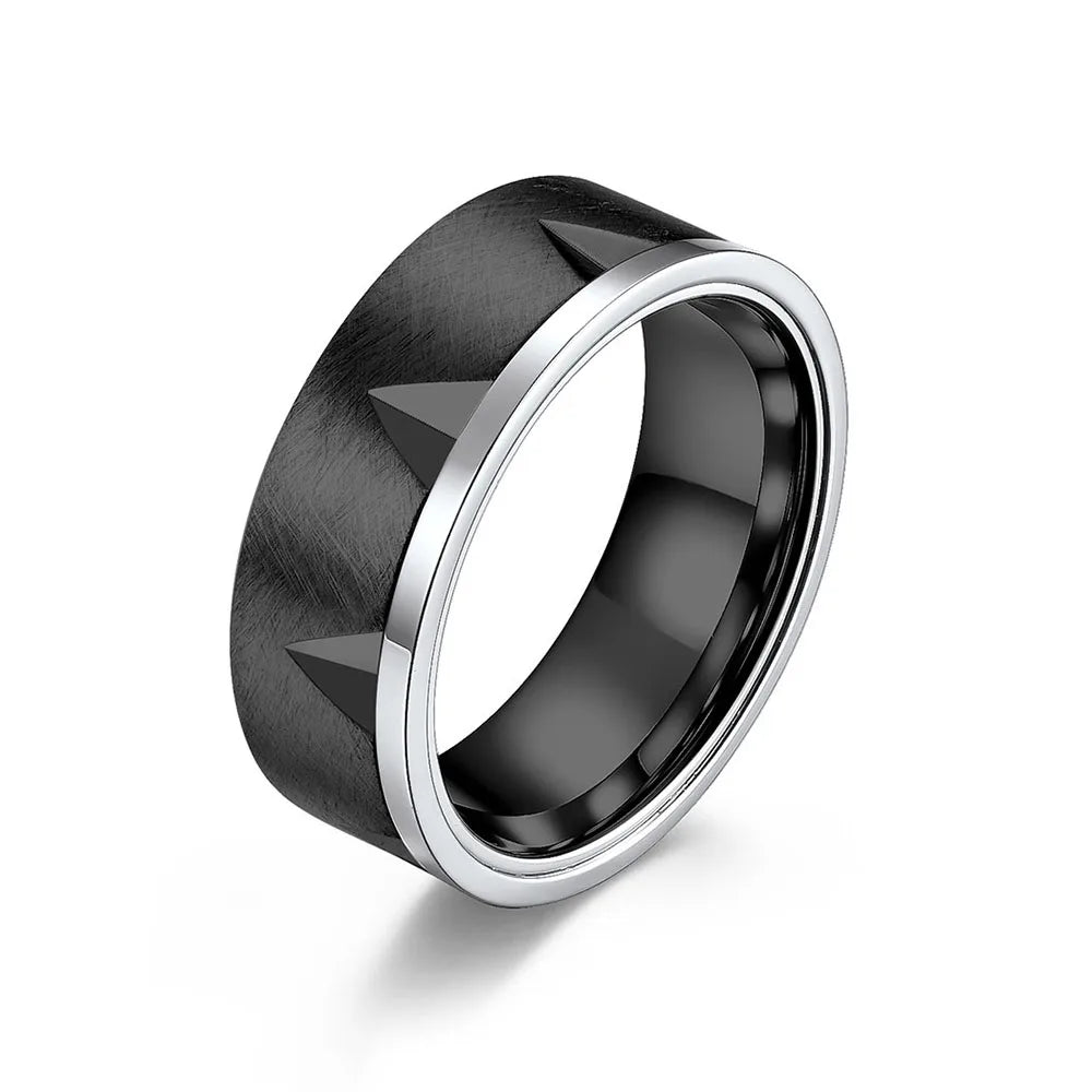 Simple Engraved 8MM Faceted Chute Triangle Matte Black Plated Stainless Steel Men's Rings Brushed Steel Wedding Bands