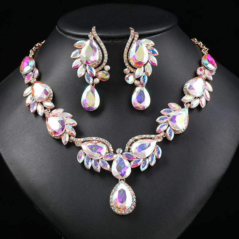 DUYIZHAO 2 Pieces Women Accessories Bling Large Colorful Crystal Necklace Earrings Fashion Jewelry Set for Wedding Bridal Wear