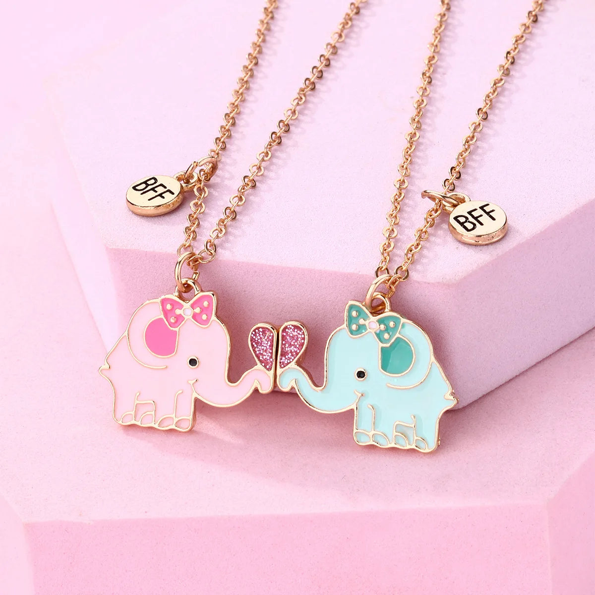 Rinhoo Fashion Dainty Friendship Necklace Tiny Charm Pink Enamel Heart Cartoon Elephant Couple Card BFF Kids Children Necklace