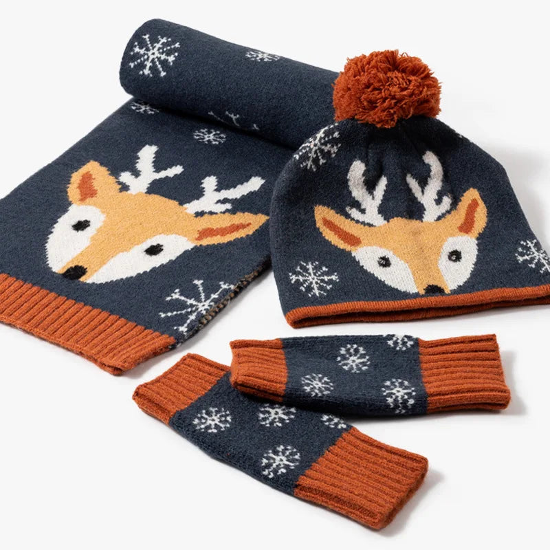 Factory Custom Winter Warm Christmas Gift Xmas Tree Reindeer Beanie Hat Scarf Gloves Set for Toddler Boys Girls 1-8 Year