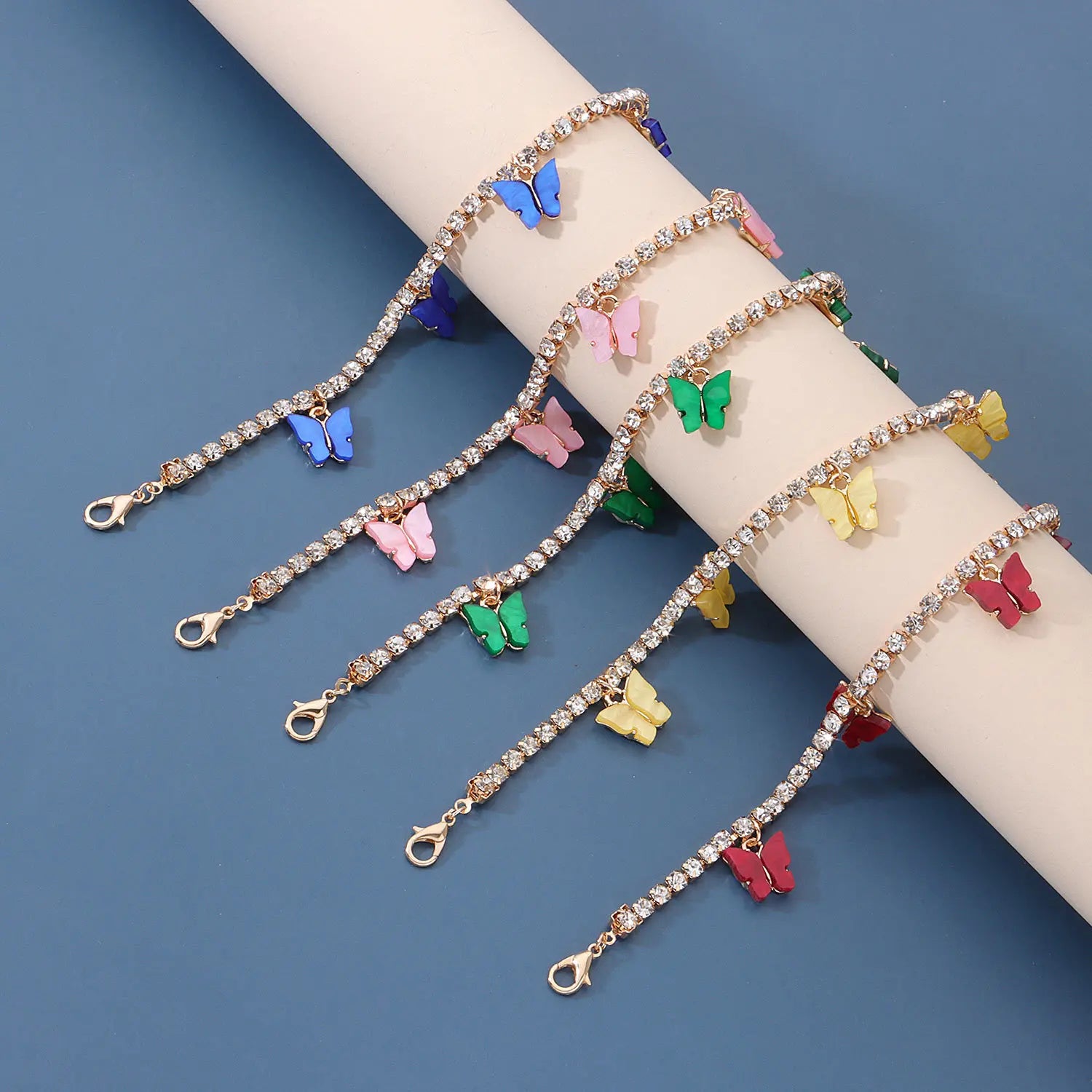 lady silver 18k gold tennis bracelet anklets crystal link chain ankle foot jewelry for women rhinestone butterfly tennis anklet