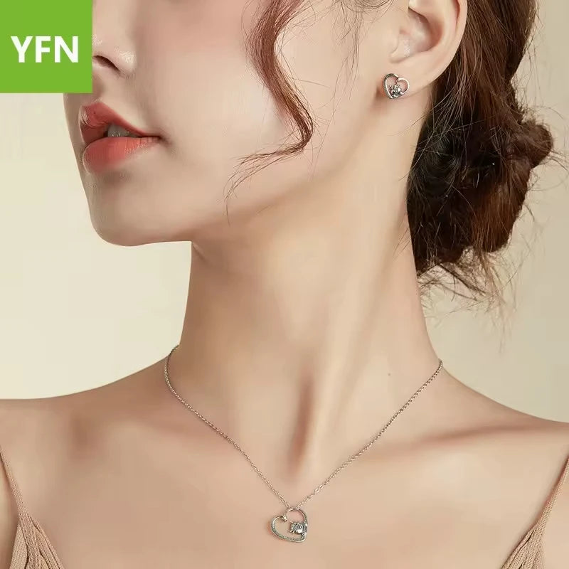 YFN Jewelry 925 Sterling Silver Heart Cute Cow Necklace and Earrings Sets for Women