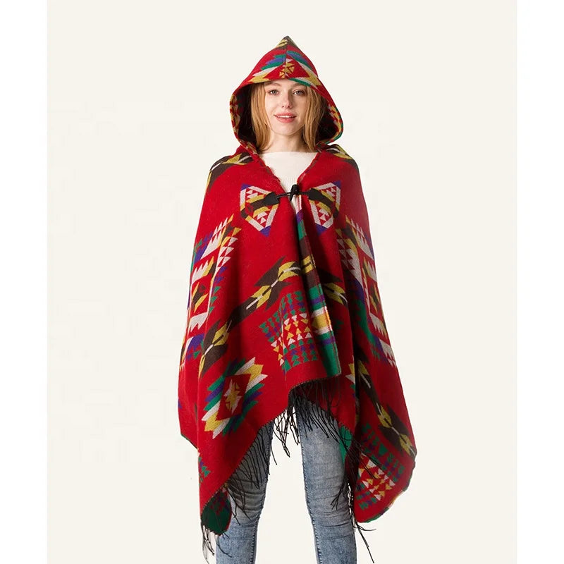 Landfond Ferand Winter Women's Long Acrylic Hooded Cape with Fringed Crochet Poncho Woven Patterns Shawl