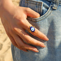 J&D Jewelry 18K Gold Plated Eye Ring Stainless Steel Hollow Layer Blue Enamel Evil Eyes Open Rings