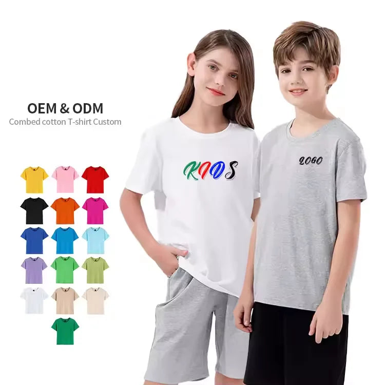 Kids Casual T-Shirt 100% Cotton Custom Logo Printing Short Sleeve Plain Blank for Baby Boy or Girl