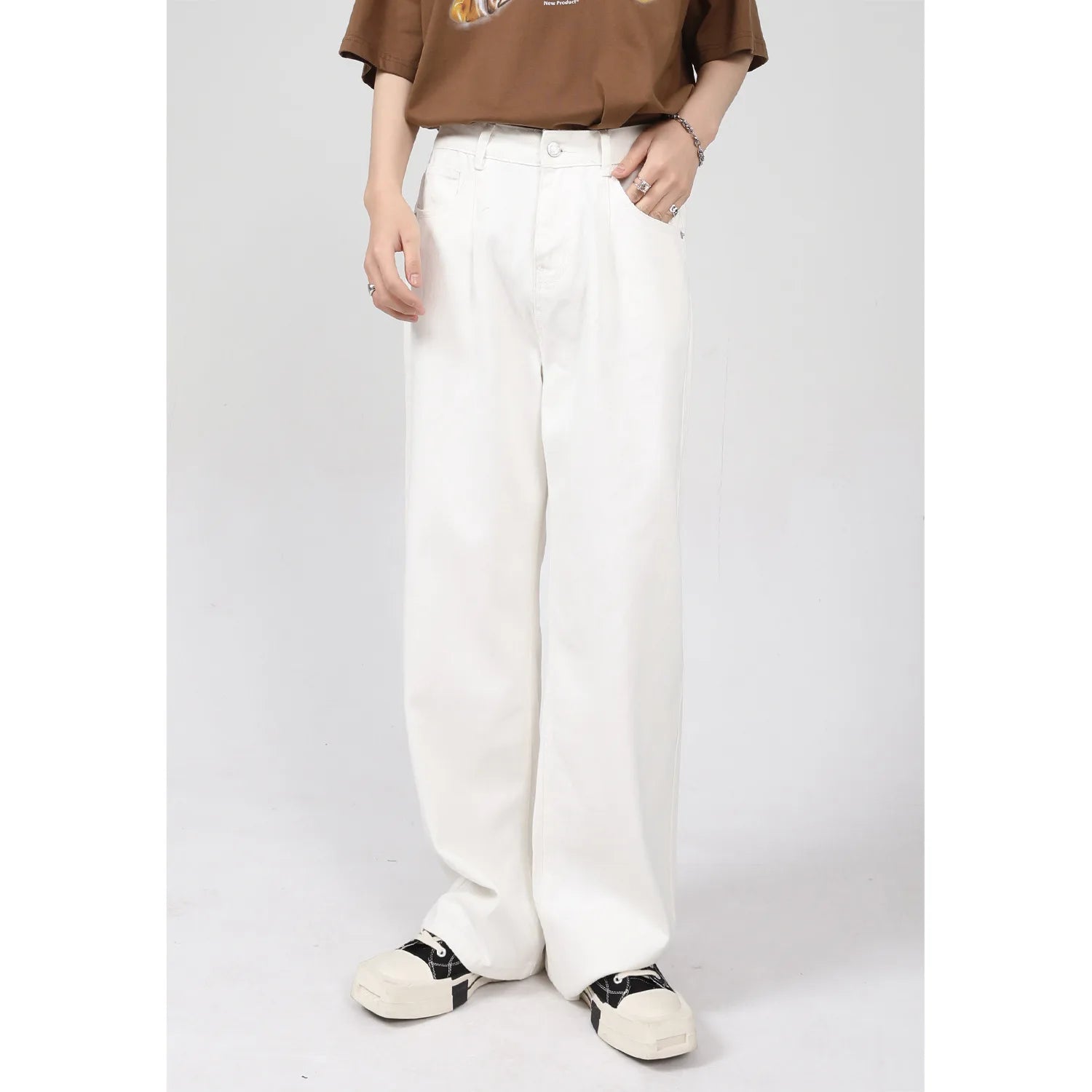Men's Winter Embroidery Button Loose Straight-leg Jeans White Black Stone Wash 100% Cotton Casual Elegant