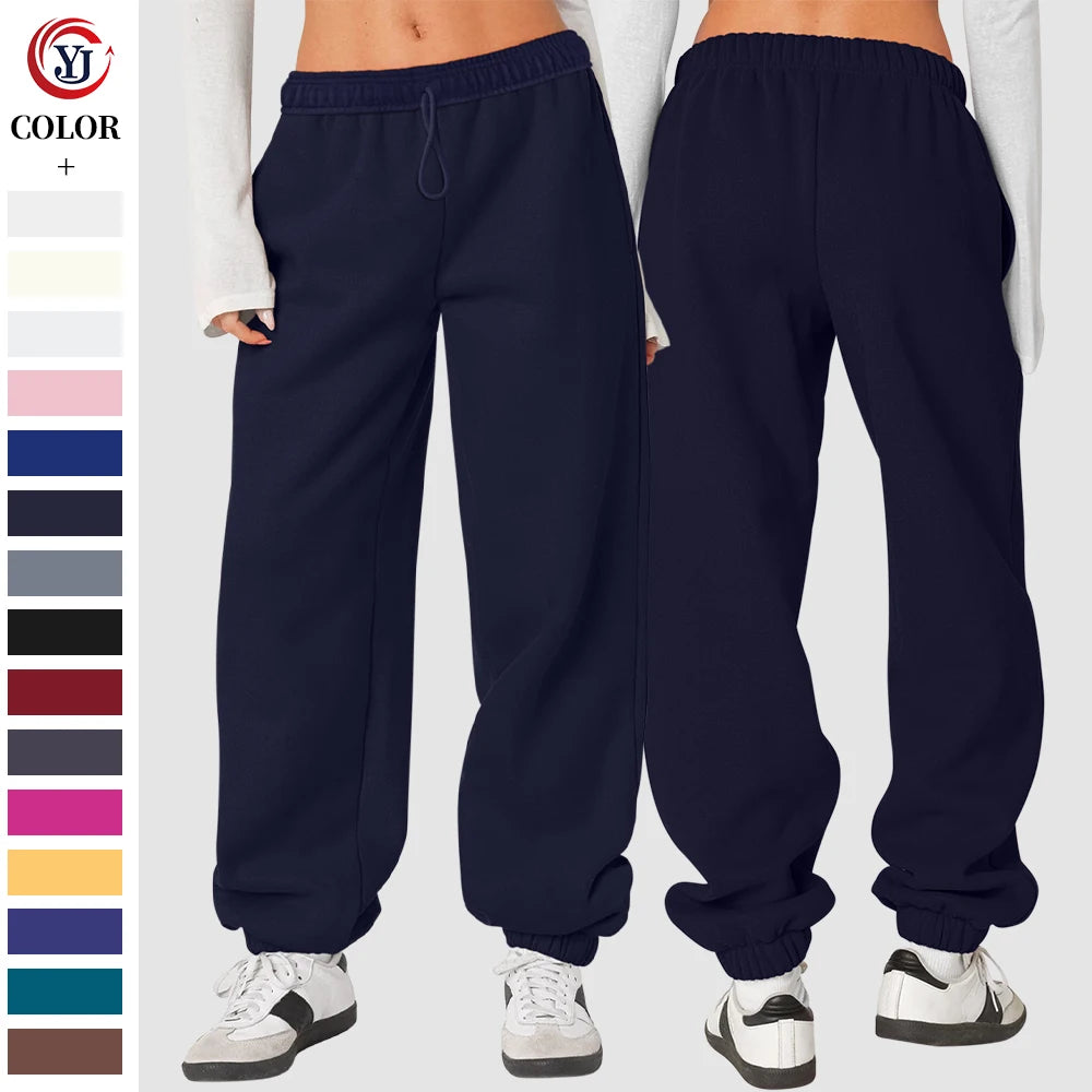 Custom Ladies Apparel High-Waisted Loose Fit Black Joggers Wide Leg Track Pants Ankle-Length Sport Trousers for Girls