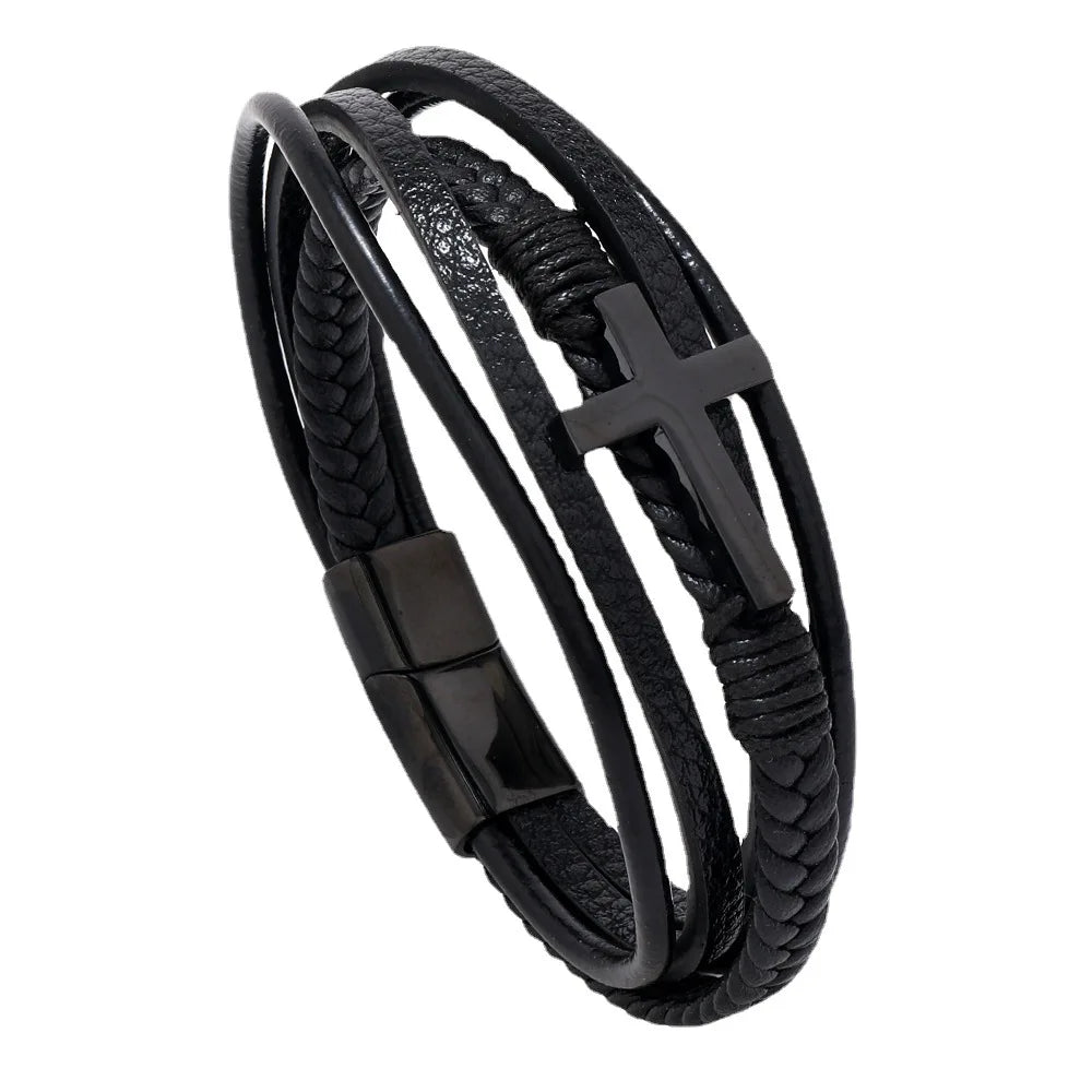 Men's Multilayer Imitation Cowhide Leather Bracelet with Smooth Magnetic Buckle Cross-Design Charm Bracelet MegaBDM