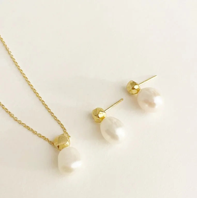 925 Sterling Silver Freshwater Pearl Necklace Earring Set Fine Jewelry Gold Plating Geometric Vintage Link Stylish Old World