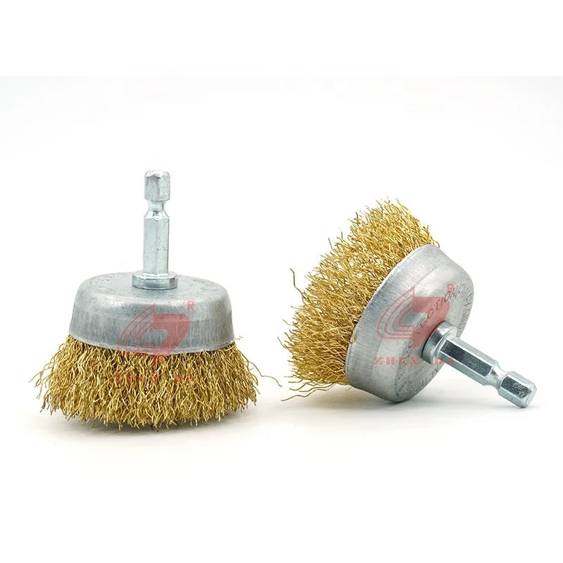 Wholesale Crimped Shaft Brass-Coated Steel Wire Cup Brush China for Polishing and Rust Removal Cleaning Brushes