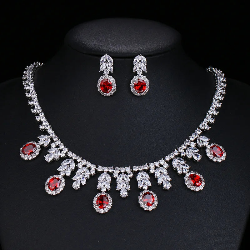 Tiktok New Crystal Wedding Jewelry Set Shiny Necklace Earrings Leaf Flower Zircon Bridal Jewelry Set for Women