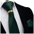 New Designer Solid Plain Men Tie Pocket Square Necktie Clasp Set Red Yellow Green Silk Ties Suit Wedding Business