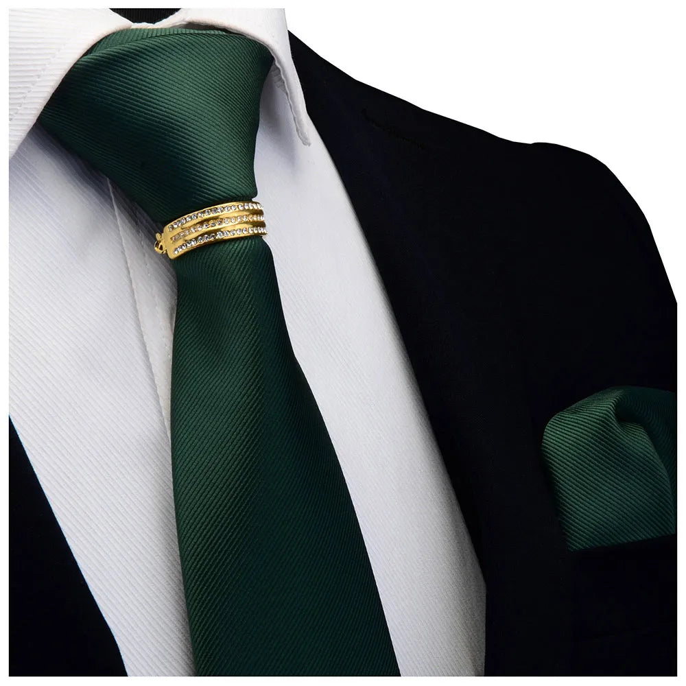 New Designer Solid Plain Men Tie Pocket Square Necktie Clasp Set Red Yellow Green Silk Ties Suit Wedding Business