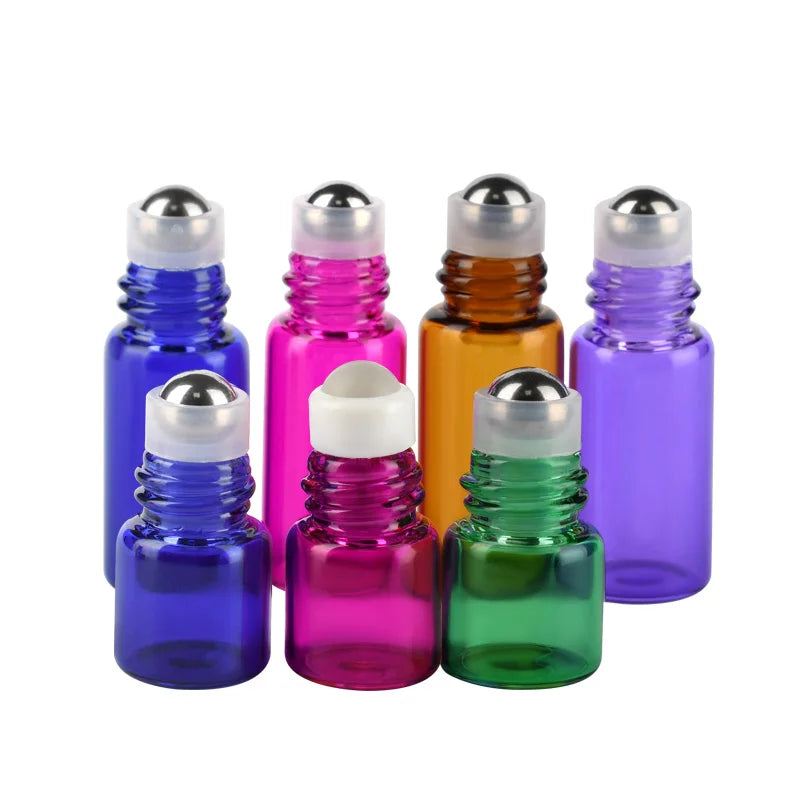 Hot Sale  Empty  Purple Blue Green clear Essential Oil  Perfume test Sample Mini 1ml 2ml 3ml  clear Glass Roller Bottle