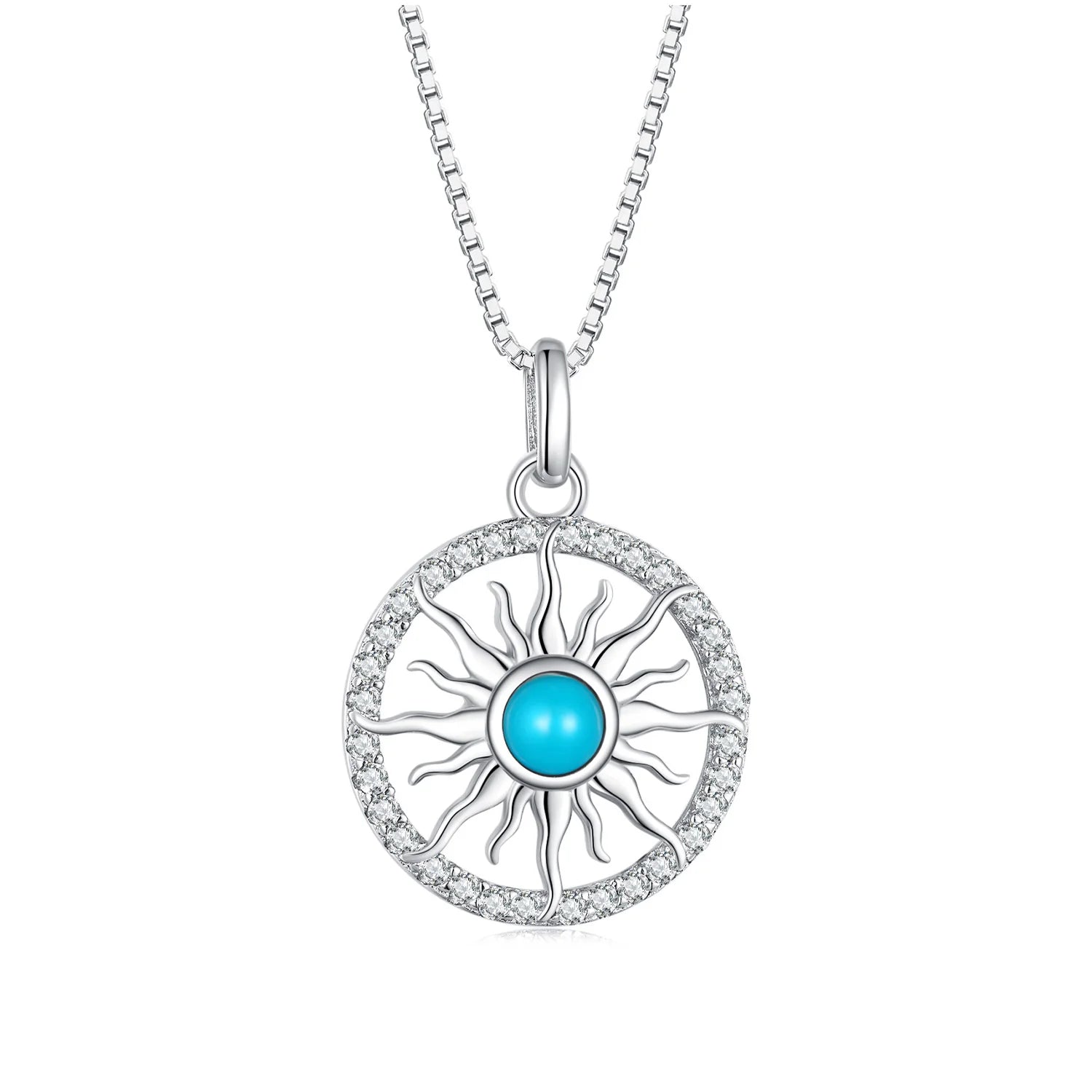 925 Sterling Silver Blue Turquoise Sun Pendant Necklace for Women Pave Setting CZ for Wedding Fashion Jewelry-BSN277