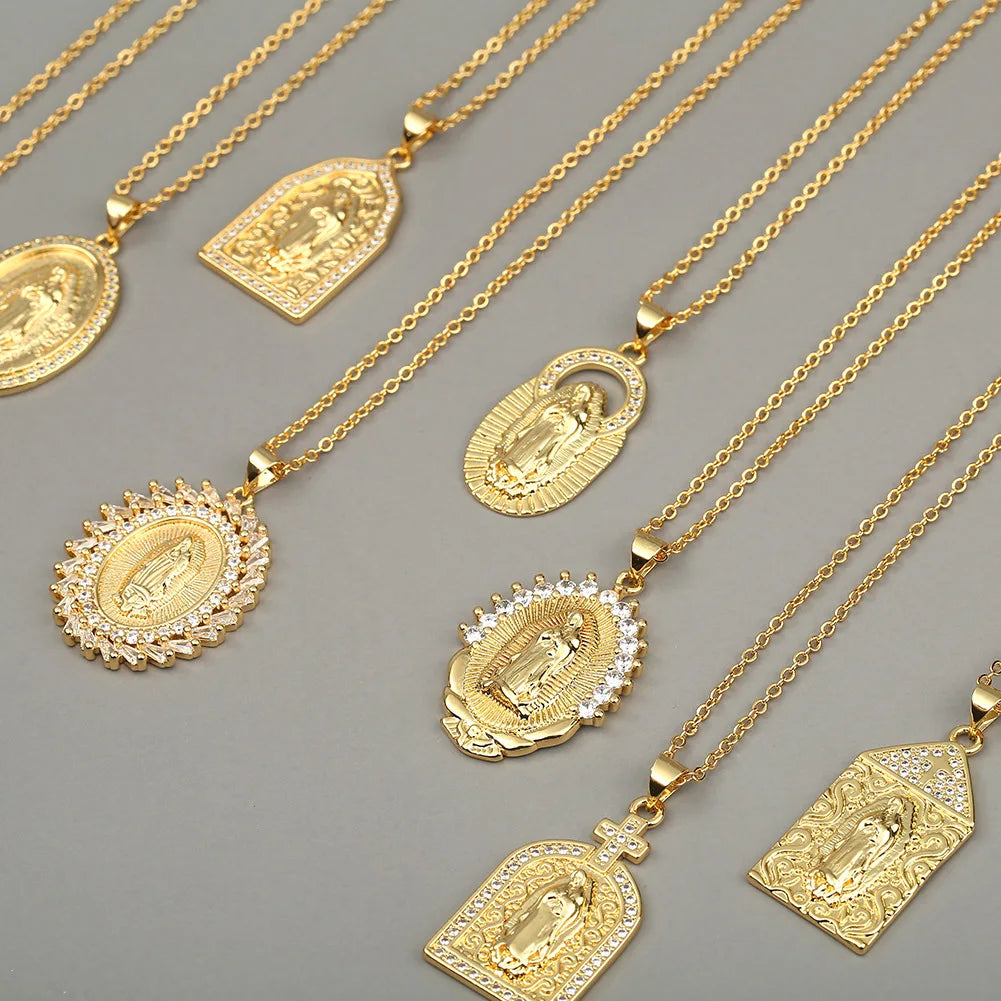 Colored Zircon Catholicism Virgin Mary Pendant Necklace for Women and Men Hip Hop Gold Catholic Jewelry